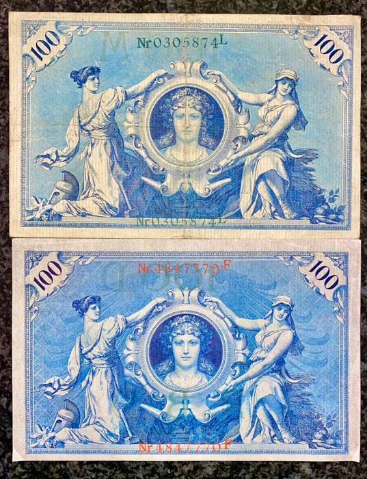 GERMANY 100 MARK 1908 GREEN SEAL & RED SEAL BIG NOTS (1 BID TAKES ALL)