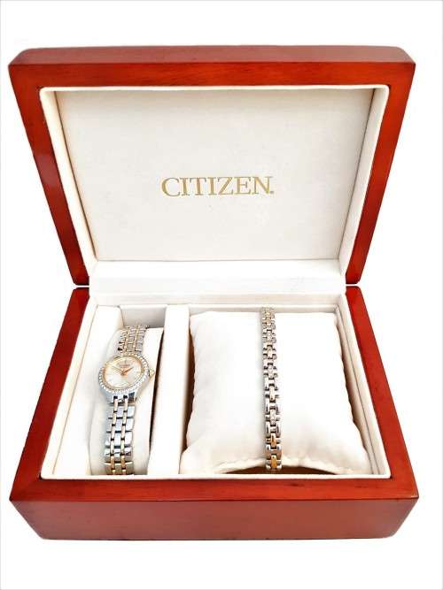 CITIZEN WATCH AND BRACELET SET WITH SWAROVSKI CRYSTALS WITH ORIGINAL ROSEWOOD BOX - 21mm (EJ6044)