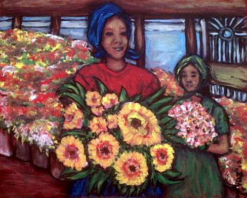Ready to Hang, no framing needed!  Street Flower Sellers 1 - Original Mari Mackie - 300 X 240mm