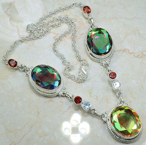 RARE YELLOW & GREEN MYSTIC TOPAZ+GARNET NATURAL GEMSTONE 925 SILVER NECKLACE 19" - T1050 J6