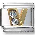Italian Charms - Fits All 9mm Modular Bracelets - Letters - GOLD WITH CRYSTALS LETTER V
