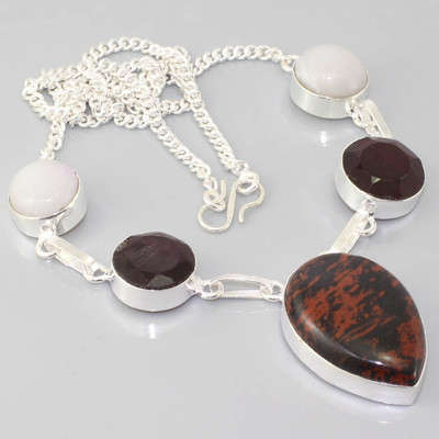 MAHOGANY OBSIDIAN, GARNET RED QUARTZ, MOONSTONE NATURAL GEMSTONE 925 SILVER NECKLACE 19"