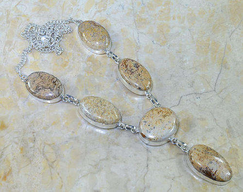 ALWAYS VERSATILE PICTURE JASPER NATURAL GEMSTONE 925 SILVER NECKLACE 20.5"