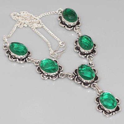 VINTAGE STYLE, CHECKERBOARD CUT DIOPSIDE GREEN QUARTZ NATURAL GEMSTONE 925 SILVER NECKLACE 19"