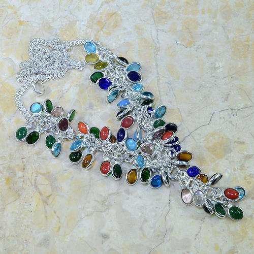 GREEN ONYX, RED CORAL, CITRINE, BLUE TOPAZ, QUARTZ NATURAL GEMSTONE 925 SILVER NECKLACE 22"