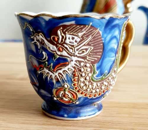 Antique Hand Painted Japanese Blue Raised Dragon Demitasse Coffee Set - Marked Cherry China