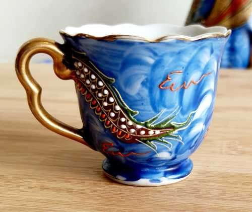 Antique Hand Painted Japanese Blue Raised Dragon Demitasse Coffee Set - Marked Cherry China