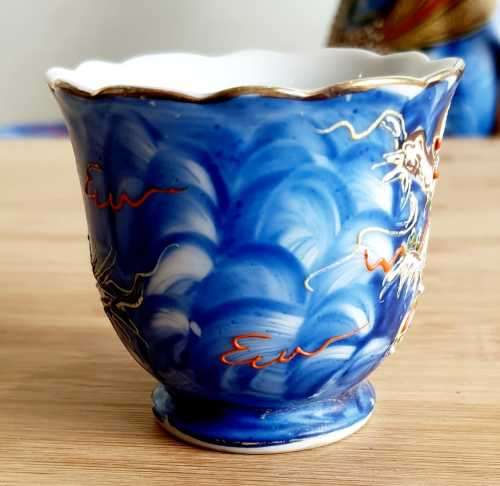 Antique Hand Painted Japanese Blue Raised Dragon Demitasse Coffee Set - Marked Cherry China