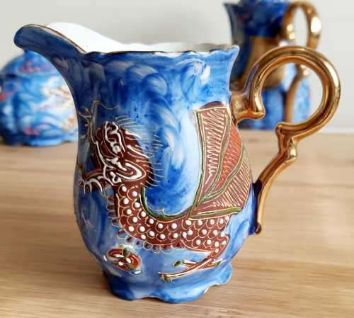 Antique Hand Painted Japanese Blue Raised Dragon Demitasse Coffee Set - Marked Cherry China