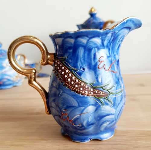 Antique Hand Painted Japanese Blue Raised Dragon Demitasse Coffee Set - Marked Cherry China