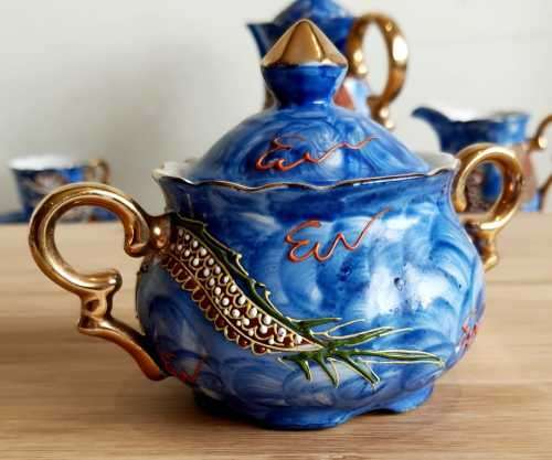 Antique Hand Painted Japanese Blue Raised Dragon Demitasse Coffee Set - Marked Cherry China