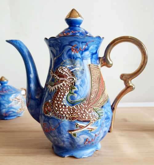 Antique Hand Painted Japanese Blue Raised Dragon Demitasse Coffee Set - Marked Cherry China