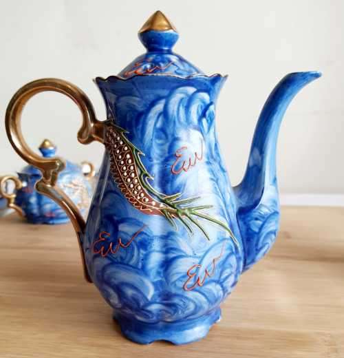 Antique Hand Painted Japanese Blue Raised Dragon Demitasse Coffee Set - Marked Cherry China