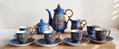 Antique Hand Painted Japanese Blue Raised Dragon Demitasse Coffee Set - Marked Cherry China