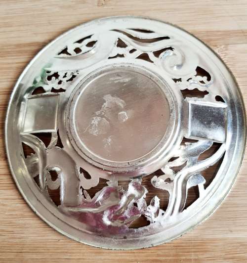 Green Glass Cup in Ornate Sterling Silver Overlaid Cup Holder and Saucer - Marked (1)