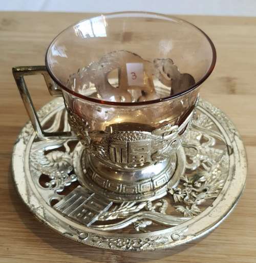 Antique Pink Glass Cup in Ornate Sterling Silver Overlaid Cup Holder and Saucer - Marked (3)