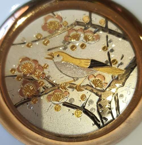 Metal Engraved Japanese CHOKIN 24kt Gold Bird Plate with Stand - Marked