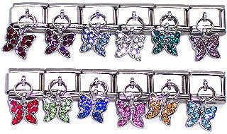 Italian Charms 9mm - Fits Nomination - Birthstone -  DANGLE BUTTERFLY - TOPAZ (OPAL) OCTOBER (PINK)
