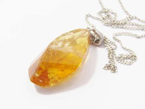 A Beautiful Natural Citrine Rough Facet Gemstone Pendant on Chain in Sterling Silver.