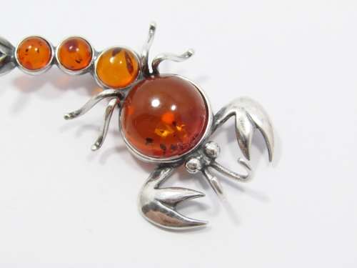 An Amazing Amber Scorpion Brooch in Sterling Silver.