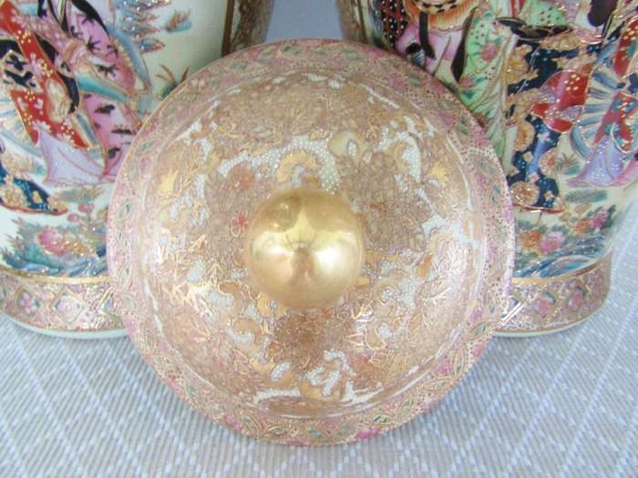 Huge Pair of Decorative Oriental Satsuma-Style Ginger Jars