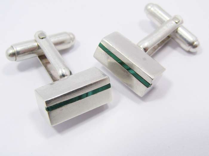 Vintage (c1978) UK Hallmarked Silver & Malachite Cufflinks