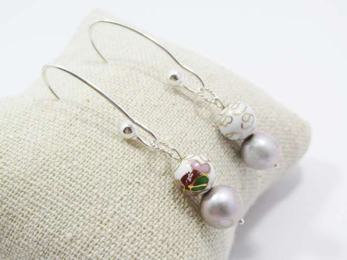 A Beautiful Pair of Dove Grey Fresh Water Pearls and Cloisonné Beads Dangling Earrings in Sterling