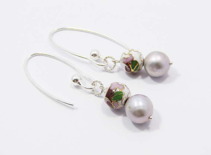 A Beautiful Pair of Dove Grey Fresh Water Pearls and Cloisonné Beads Dangling Earrings in Sterling