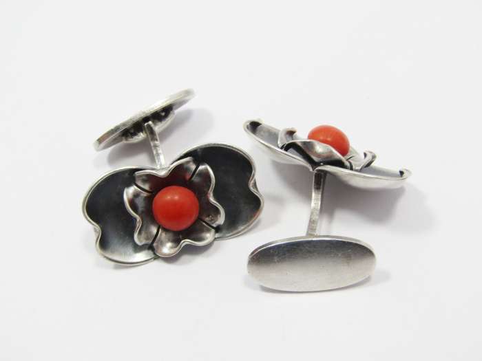 Vintage Pair of Silver & Coral Cufflinks