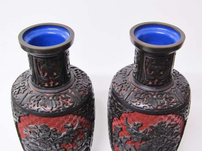 Beautiful Pair of Oriental Cinnabar Style Vases