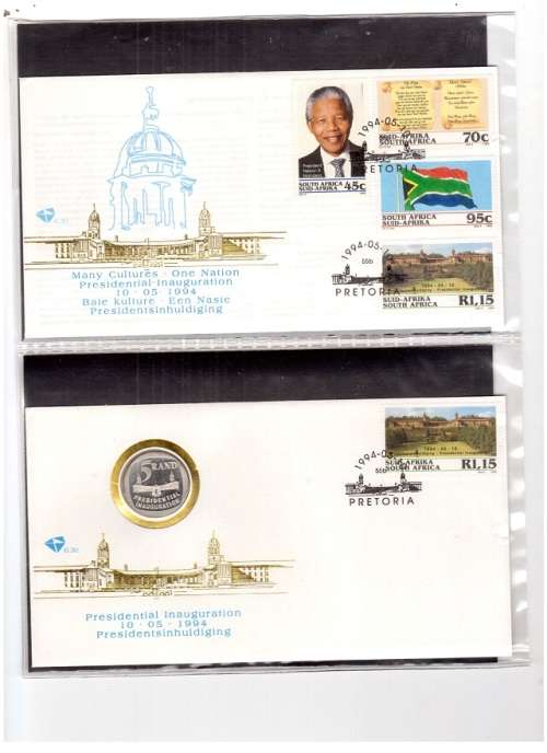 1994 MANDELA SA PRESIDENTIAL INAUGURATION FDC 6.3 B AND FDC 6.3 C WITH R5 COIN SEE PICS!!!