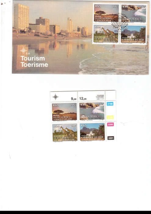1 X RSA FDC TOURISM 1/11/1990 PLUS 1 X CONTROL BLOCK 4 STAMPS ALL MINT SEE PICS