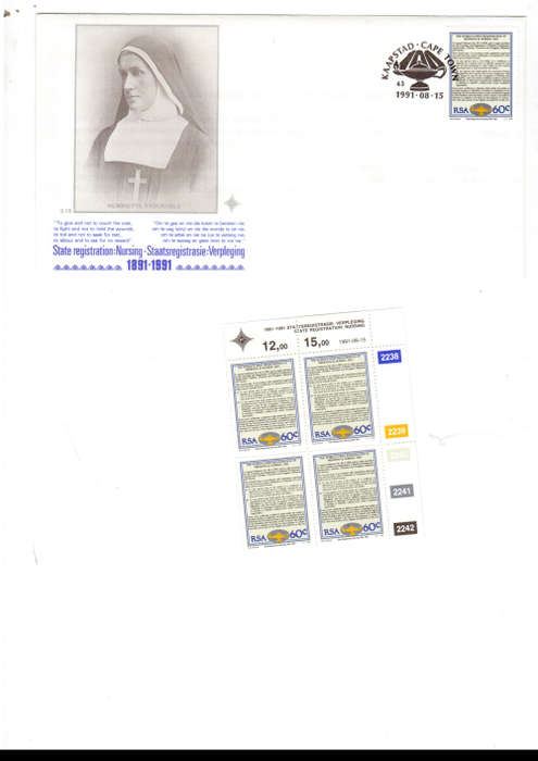 1 X RSA FDC NURSING 15/8/1991 PLUS 1 X CONTROL BLOCK WITH 4 STAMPS ALL MINT SEE PICS