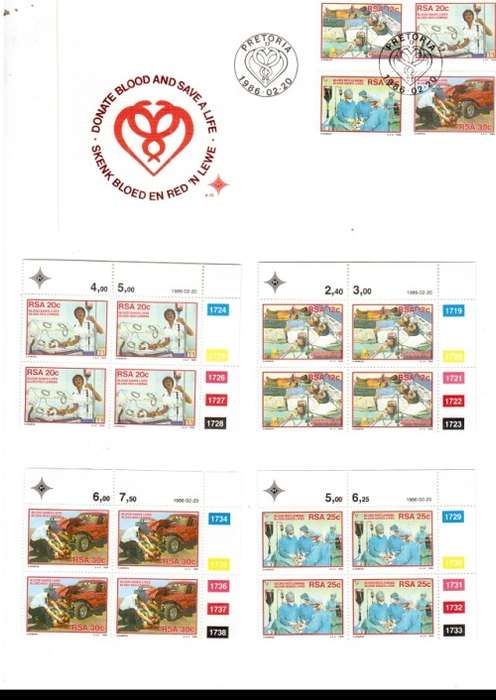 1 X RSA FDC DONATE BLOOD 1986 PLUS 4 X CONTROL BLOCKS OF 4 MINT STAMPS EACH SEE PICS