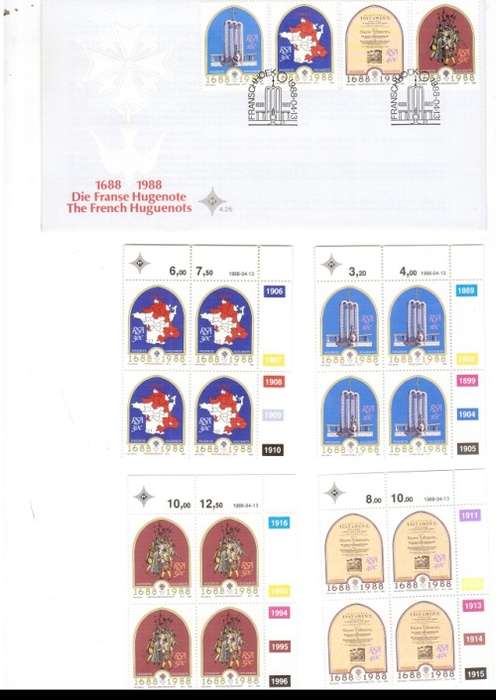 1 X RSA FDC FRENCH HUGUENOT 1988 PLUS 4 X CONTROL BLOCKS OF 4 MINT STAMPS EACH SEE PICS