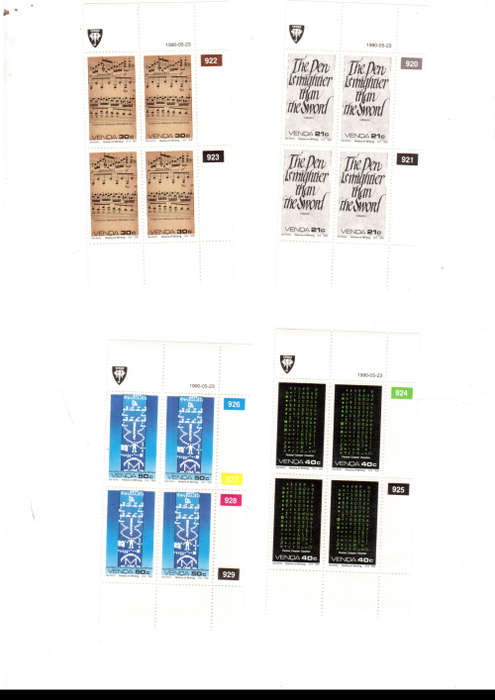 VENDA 4 X CONTROL BLOCKS WITH 4 MINT STAMPS 23/5/1990 SEE PICS