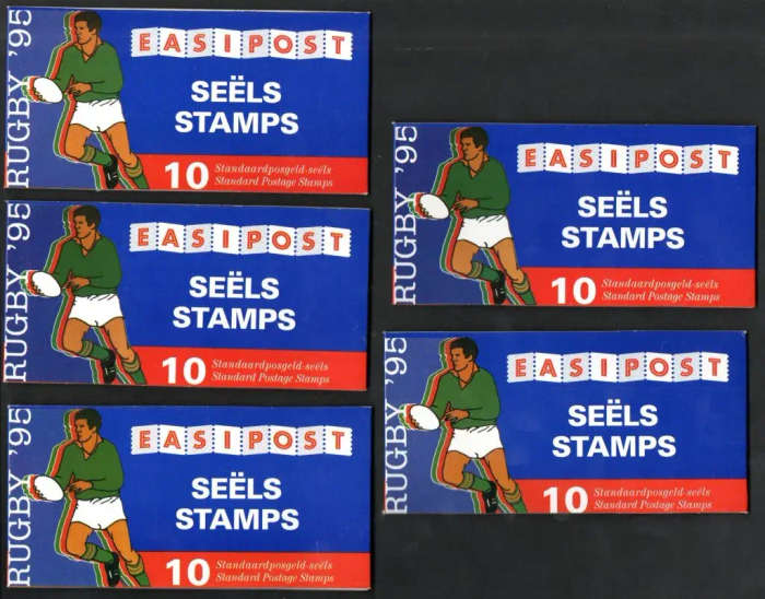 RSA 1995 RUGBY WORLD CUP (X5) BOOKLETS MINT + COMPLETE. BOOKLET 8 (X3), BOOKLET 9 (X2). CV R500.
