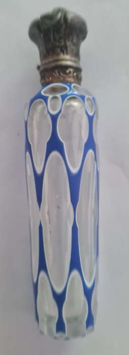 Victorian Blue Over White Over Crystal Cut Glass Perfume Bottle with Brass Top