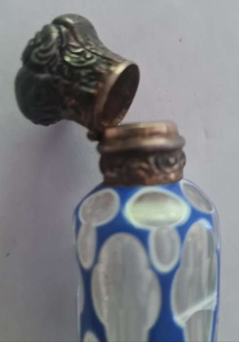 Victorian Blue Over White Over Crystal Cut Glass Perfume Bottle with Brass Top