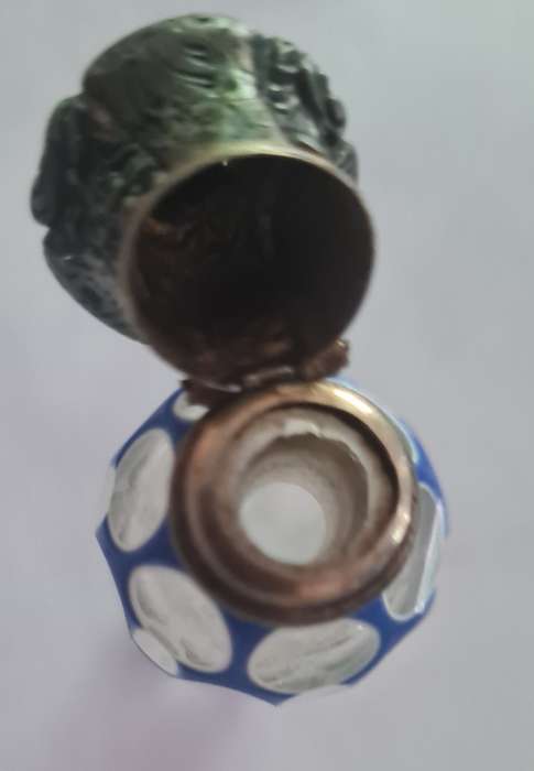 Victorian Blue Over White Over Crystal Cut Glass Perfume Bottle with Brass Top