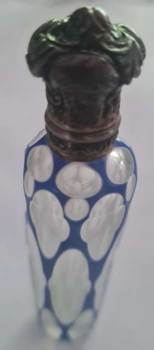 Victorian Blue Over White Over Crystal Cut Glass Perfume Bottle with Brass Top
