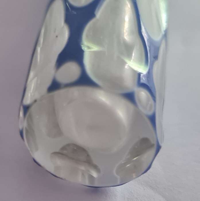 Victorian Blue Over White Over Crystal Cut Glass Perfume Bottle with Brass Top