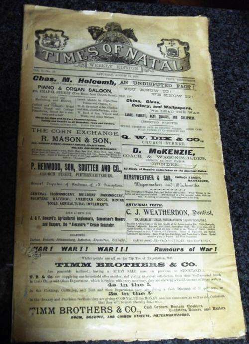 R1/NR!  ANGLO-BOER WAR. TIMES OF NATAL NEWSPAPER 12 AUGUST 1899. RUMOURS OF WAR