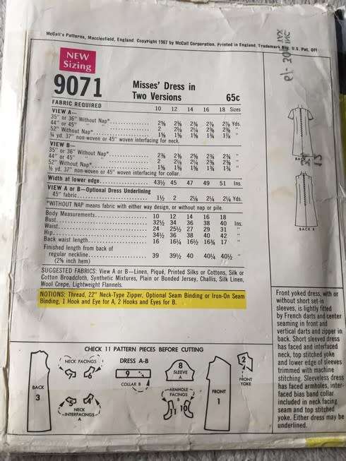 PATTERN MCCALL'S 9071 (VINTAGE) - DRESS (SIZE 12)