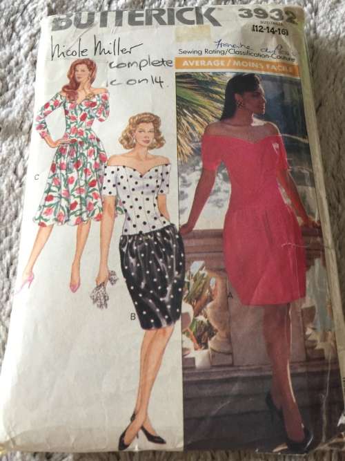 PATTERN BUTTERICK 3932 (NICOLE MILLER)(COMPLETE, CUT ON 14) - OFF THE SHOULDER DRESS (SIZE 12-14)
