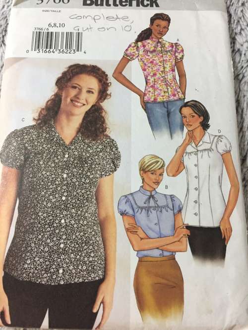 PATTERN BUTTERICK 3766 (COMPLETE, CUT ON 10) - BLOUSE VARIATIONS (SIZE 6-8-10)