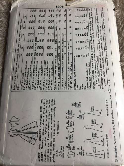 PATTERN SIMPLICITY 1206 (VERY VINTAGE, TIDY PATTERNS) - ONE PIECE DRESS & JACKET (SIZE 14)