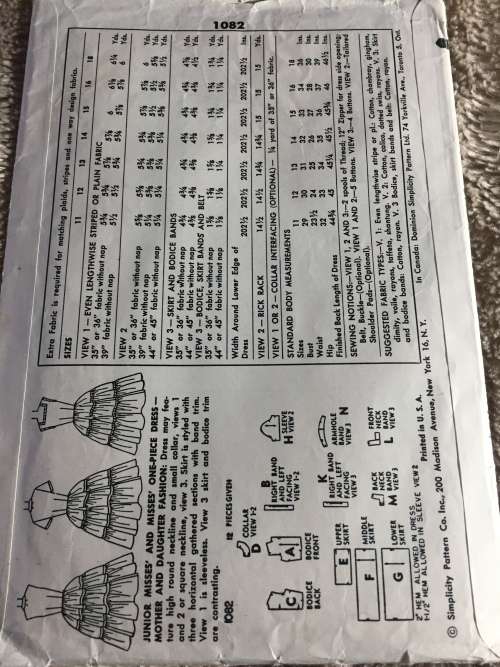 PATTERN SIMPLICITY 1082 (VERY VINTAGE, TIDY PATTERNS) - ONE-PIECE DRESS (SIZE 14)