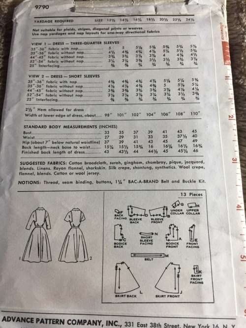 PATTERN ADVANCE 9790 (VERY VINTAGE, TIDY PATTERNS) - DRESSES WITH BELT (SIZE 14.5)