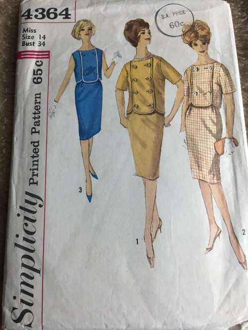 PATTERN SIMPLICITY 4364  (VERY VINTAGE, TIDY PATTERNS) - 2PIECE DRESS (SIZE 14)
